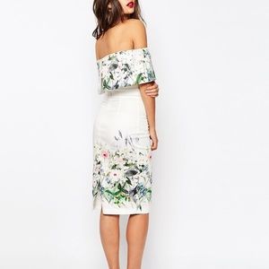 Asos white floral midi bardot pencil dress size 4